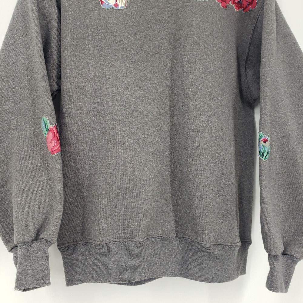 Vintage 90s Hanes Floral Rose Sweatshirt Womens Large Gray Glitter Crew Neck USA - Picture 5 of 9